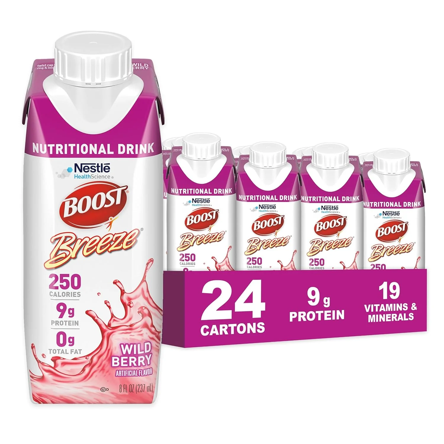 نوشیدنی مغذی شفاف BOOST Breeze - 250 کالری - 19 ویتامین و مواد معدنی - 9 گرم پروتئین - نوشیدنی مغذی شفاف غنی شده با ویتامین A و روی - طعم توت وحشی - 237 میلی لیتر (بسته 24 عددی) نوشیدنی مغذی شفاف BOOST Breeze - 250 کالری - 19 ویتامین و مواد معدنی - 9 گرم پروتئین - نوشیدنی مغذی شفاف غنی شده با ویتامین A و روی - طعم توت وحشی - 237 میلی لیتر (بسته 24 عددی)