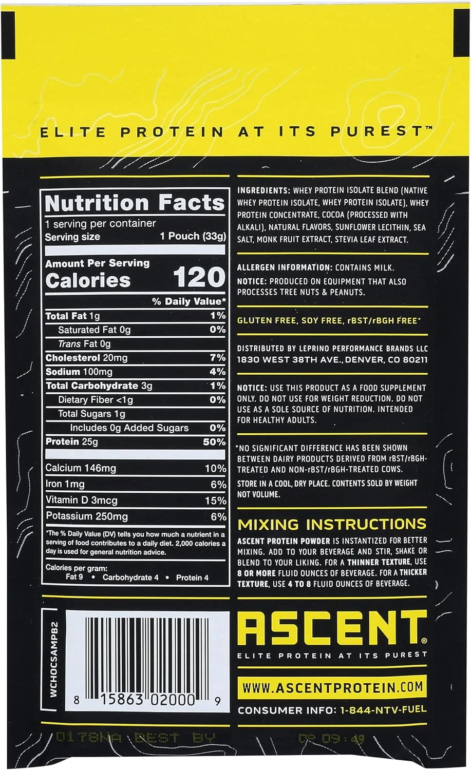 پودر پروتئین وی شکلاتی Ascent، 33 گرم پودر پروتئین وی شکلاتی Ascent، 33 گرم