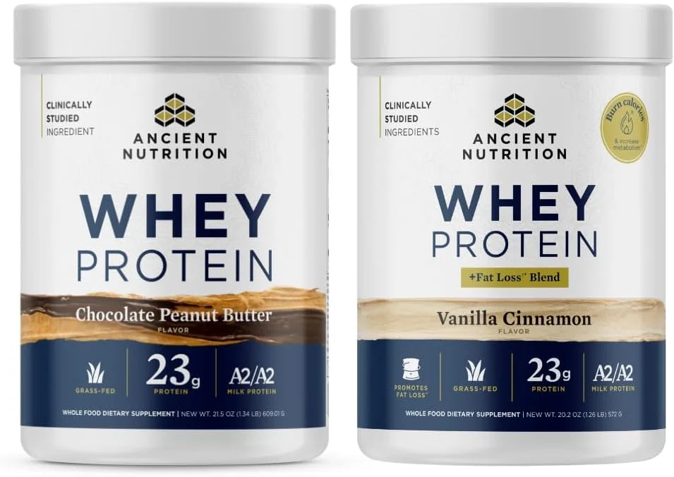 پودر پروتئین وی تغذیه باستانی با چربی سوز، وانیلی دارچین، 18 سروینگ + پودر پروتئین وی تغذیه شده با علف، کره بادام زمینی شکلاتی، 18 سروینگ پودر پروتئین وی تغذیه باستانی با چربی سوز، وانیلی دارچین، 18 سروینگ + پودر پروتئین وی تغذیه شده با علف، کره بادام زمینی شکلاتی، 18 سروینگ