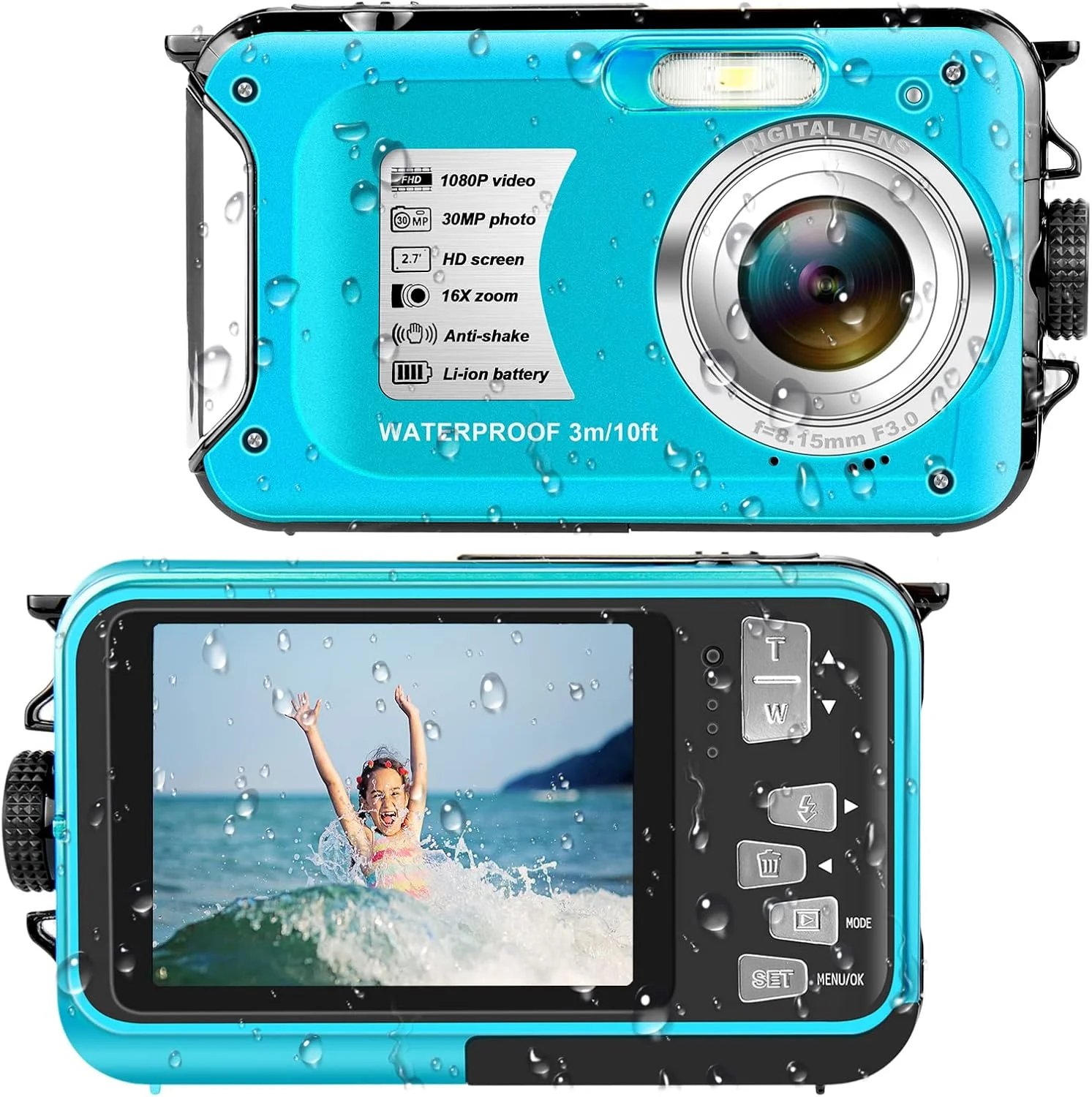 دوربین ضد آب، 10 فوت 1080P Full HD 30 مگاپیکسل، زوم دیجیتال، ضد لرزش، 16 برابر برای غواصی