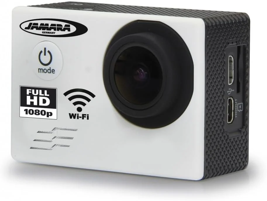 دوربین جامارا 177891 - دوربین فول اچ دی پرو وای فای V2 - 16 مگاپیکسل، 1080p، زاویه دید عریض 170 درجه، ضد آب تا 30 متر، صفحه نمایش 2 اینچی LCD، عملکرد عکس/فیلم با کنترل از طریق تلفن هوشمند، شامل تمام نگهدارنده ها، سفید