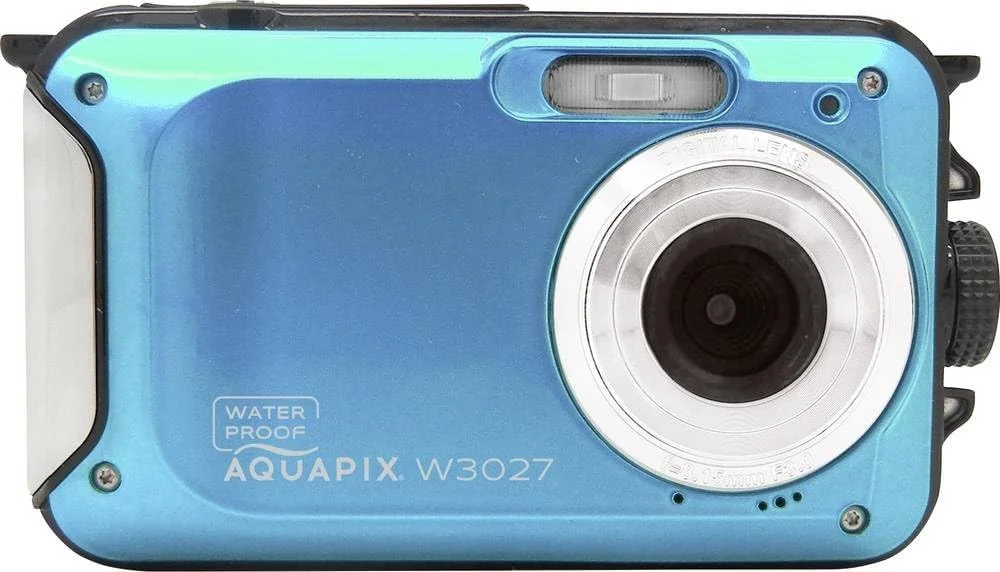 دوربین عکاسی زیرآب Aquapix W3027 مدل 'Wave'، ضد آب تا عمق 3 متر، صفحه نمایش 2.7 اینچی، رزولوشن تا 30 مگاپیکسل، زوم دیجیتال 4X، سنسور 5 مگاپیکسلی، آبی یخی