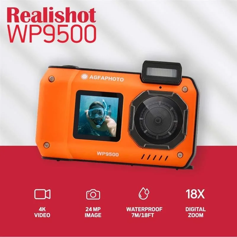 دوربین دیجیتال ضد آب آگفا فوتو Realishot WP9500، ضد آب تا عمق 7 متر، 24 مگاپیکسل، زوم دیجیتال، فیلمبرداری 4K، دو صفحه نمایش 2.9 اینچ/1.4 اینچ - نارنجی