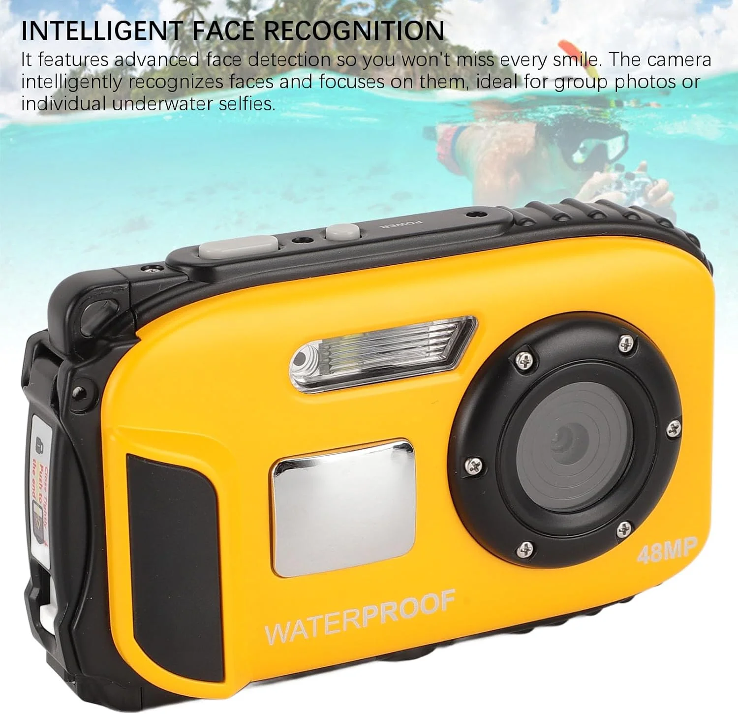 دوربین ضد لرزش 1080p 48MP ضد آب تا عمق 5 متر با صفحه نمایش رنگی 2.4 اینچی، کارت حافظه 32 گیگابایتی، فوکوس خودکار 630mAh و تشخیص چهره (زرد)