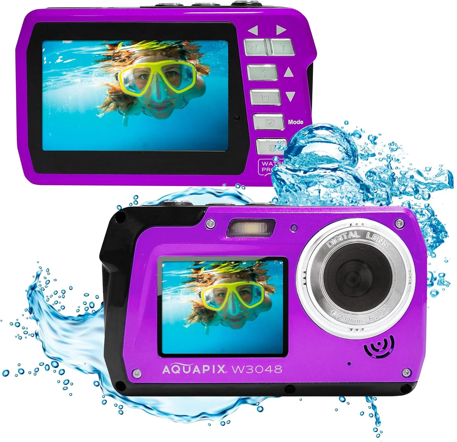 دوربین عکاسی زیر آب Aquapix W3048 'Edge' با دو نمایشگر، ضد آب تا عمق 3 متر، رزولوشن تا 48 مگاپیکسل، زوم دیجیتال 16 برابر، سنسور 13 مگاپیکسلی، فیلمبرداری تا کیفیت 4K، بنفش