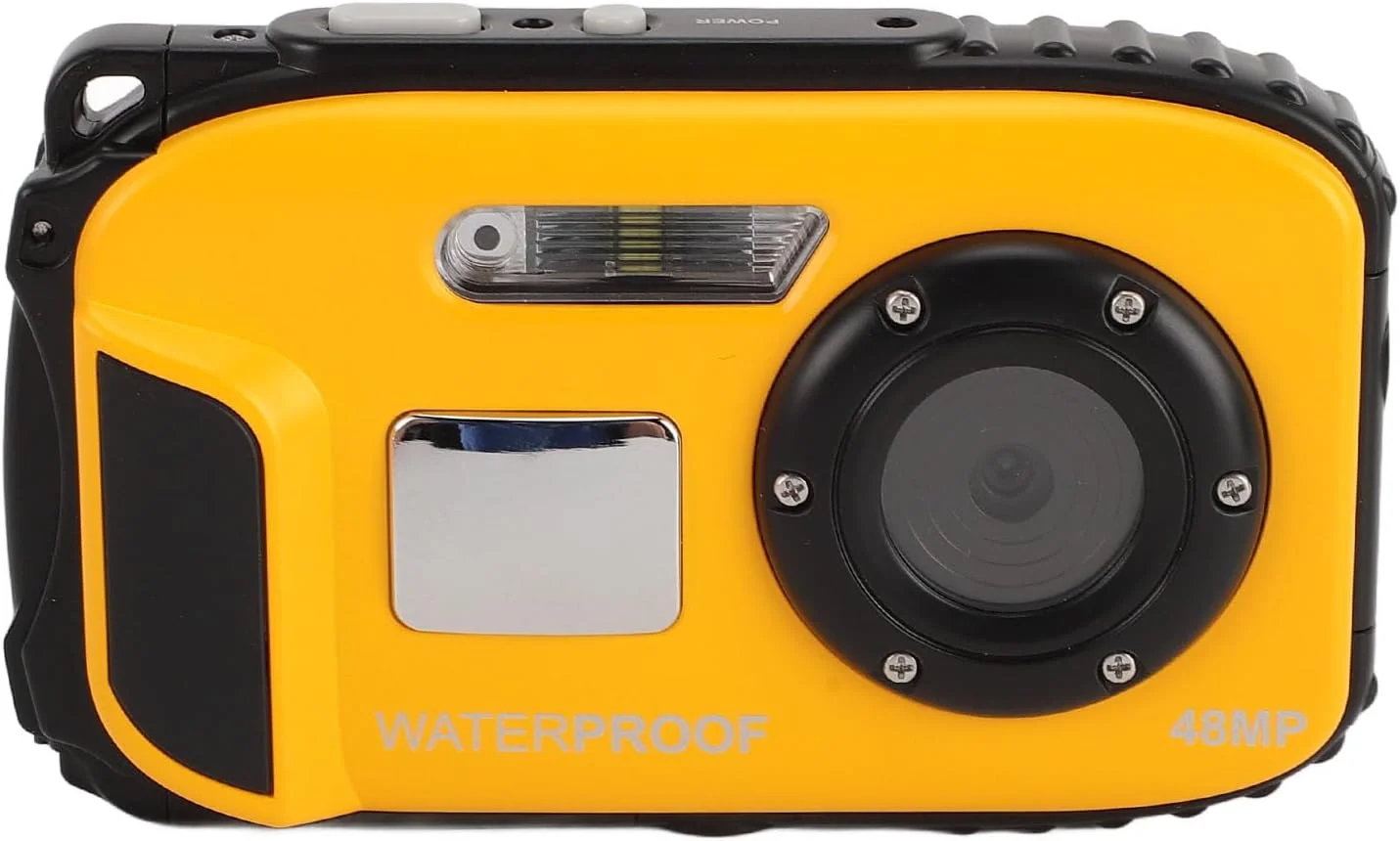 دوربین ضد لرزش 1080p 48MP ضد آب تا عمق 5 متر با صفحه نمایش رنگی 2.4 اینچی، کارت حافظه 32 گیگابایتی، فوکوس خودکار 630mAh و تشخیص چهره (زرد)