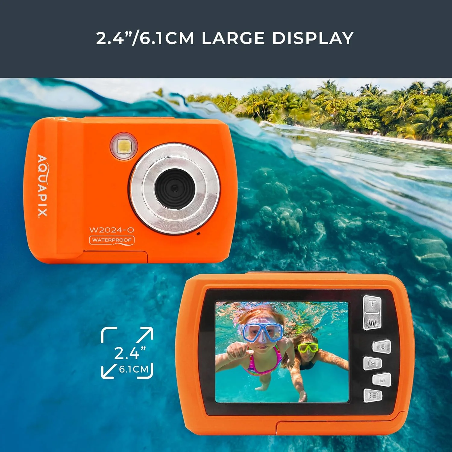 دوربین ضد آب آکواپیکس W2024 مدل 'Splash'، ضد آب تا عمق 3 متر، صفحه نمایش 2.4 اینچی، رزولوشن تا 16 مگاپیکسل، زوم دیجیتال 8 برابر، سنسور 5 مگاپیکسلی، نارنجی دوربین ضد آب آکواپیکس W2024 مدل 'Splash'، ضد آب تا عمق 3 متر، صفحه نمایش 2.4 اینچی، رزولوشن تا 16 مگاپیکسل، زوم دیجیتال 8 برابر، سنسور 5 مگاپیکسلی، نارنجی