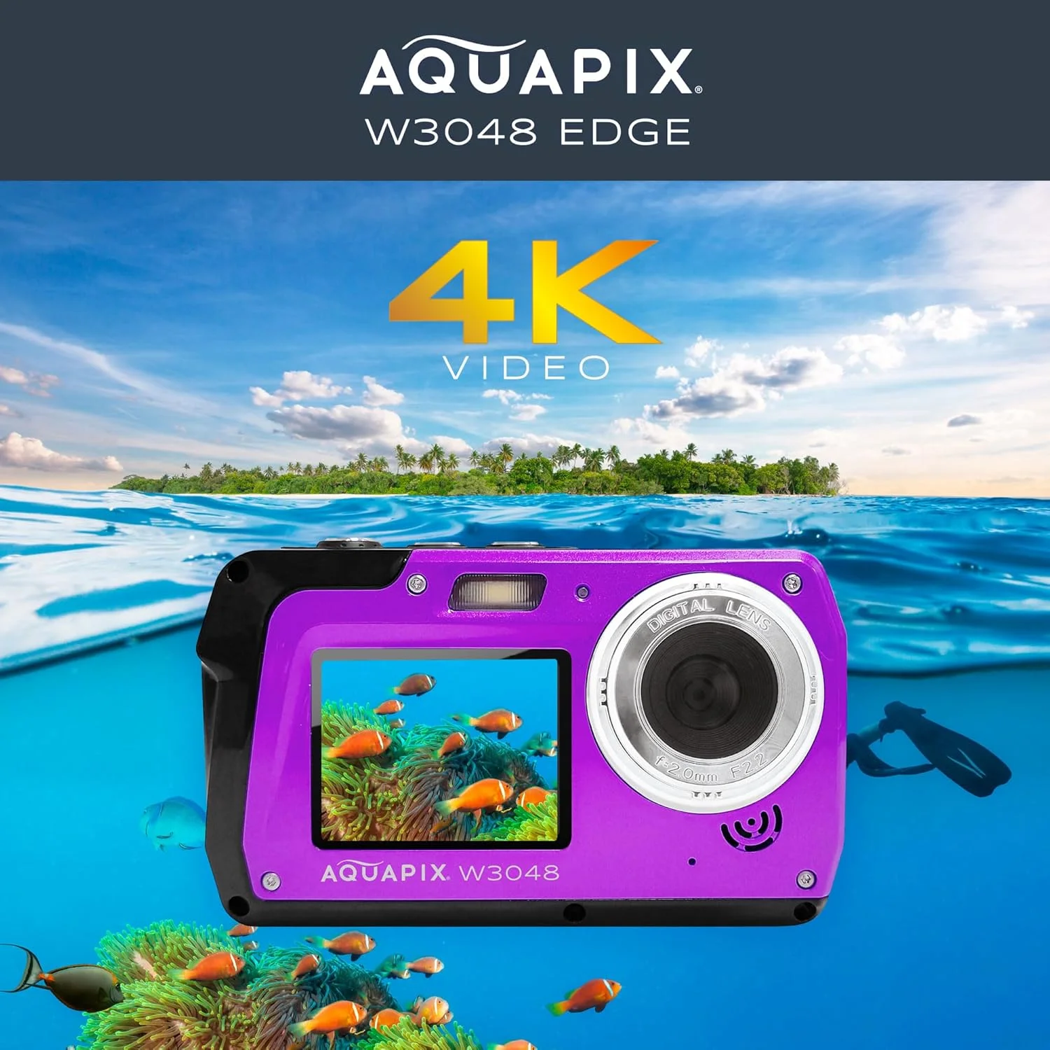 دوربین عکاسی زیر آب Aquapix W3048 'Edge' با دو نمایشگر، ضد آب تا عمق 3 متر، رزولوشن تا 48 مگاپیکسل، زوم دیجیتال 16 برابر، سنسور 13 مگاپیکسلی، فیلمبرداری تا کیفیت 4K، بنفش