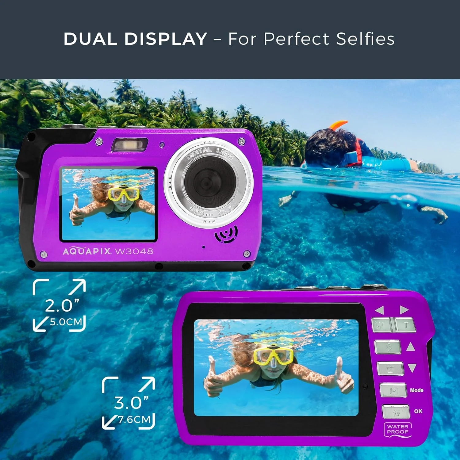 دوربین عکاسی زیر آب Aquapix W3048 'Edge' با دو نمایشگر، ضد آب تا عمق 3 متر، رزولوشن تا 48 مگاپیکسل، زوم دیجیتال 16 برابر، سنسور 13 مگاپیکسلی، فیلمبرداری تا کیفیت 4K، بنفش
