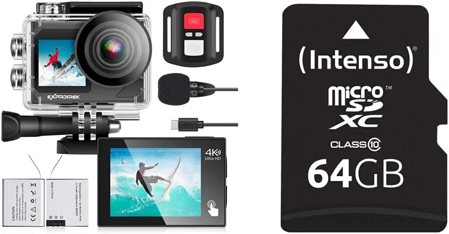 دوربین اکشن، 4K 30fps Ultra HD، دوربین ضد آب زیر آب 40 متری، WiFi، زاویه دید فوق عریض 170 درجه، کنترل از راه دور و کارت حافظه Intenso microSDXC 64GB Class 10 به همراه آداپتور SD، مشکی دوربین اکشن، 4K 30fps Ultra HD، دوربین ضد آب زیر آب 40 متری، WiFi، زاویه دید فوق عریض 170 درجه، کنترل از راه دور و کارت حافظه Intenso microSDXC 64GB Class 10 به همراه آداپتور SD، مشکی