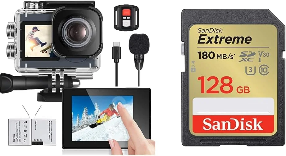 دوربین اکشن Icefox 4K Ultra HD 20MP دوربین زیر آب و کارت حافظه SanDisk Extreme SDXC UHS-I با ظرفیت 128 گیگابایت دوربین اکشن Icefox 4K Ultra HD 20MP دوربین زیر آب و کارت حافظه SanDisk Extreme SDXC UHS-I با ظرفیت 128 گیگابایت