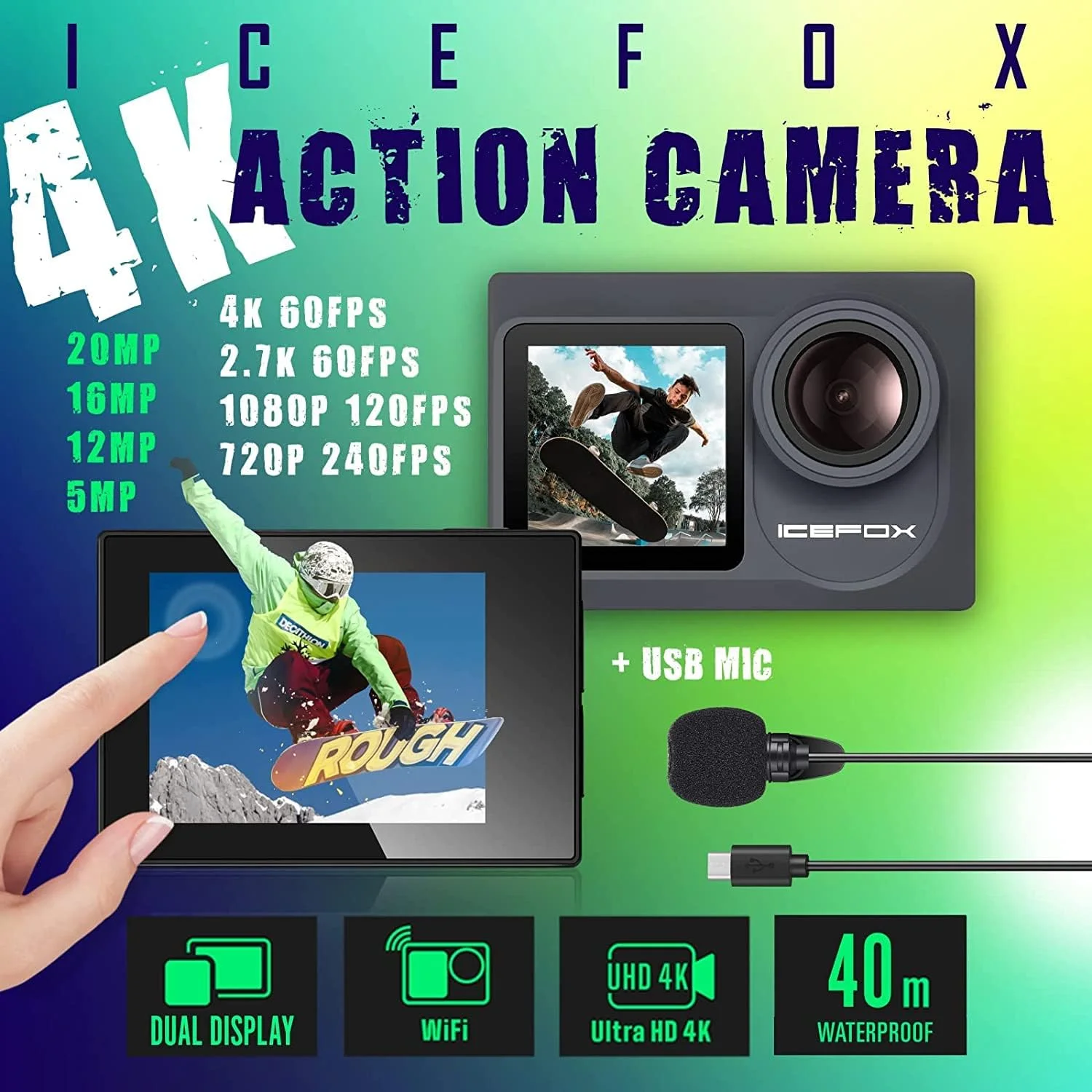 دوربین اکشن Icefox 4K Ultra HD 20MP دوربین زیر آب و کارت حافظه SanDisk Extreme SDXC UHS-I با ظرفیت 128 گیگابایت