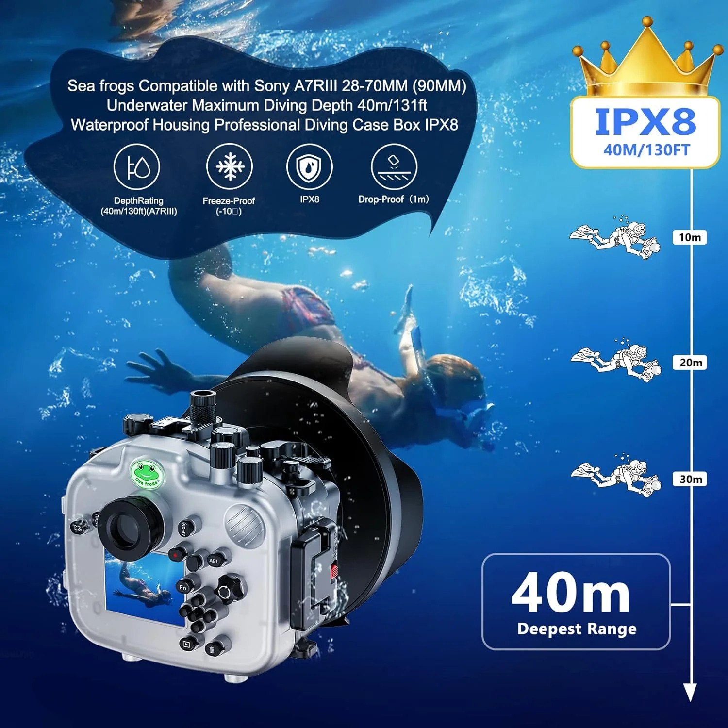 محفظه ضد آب دوربین Sea Frogs سازگار با Sony A7RV برای لنز FE 28-70 F3.5-5.6 OSS، استاندارد IPX8، حداکثر عمق غوطه وری 40 متر، محفظه ضد آب A7R-5 برای غواصی، موج سواری، قایق رانی