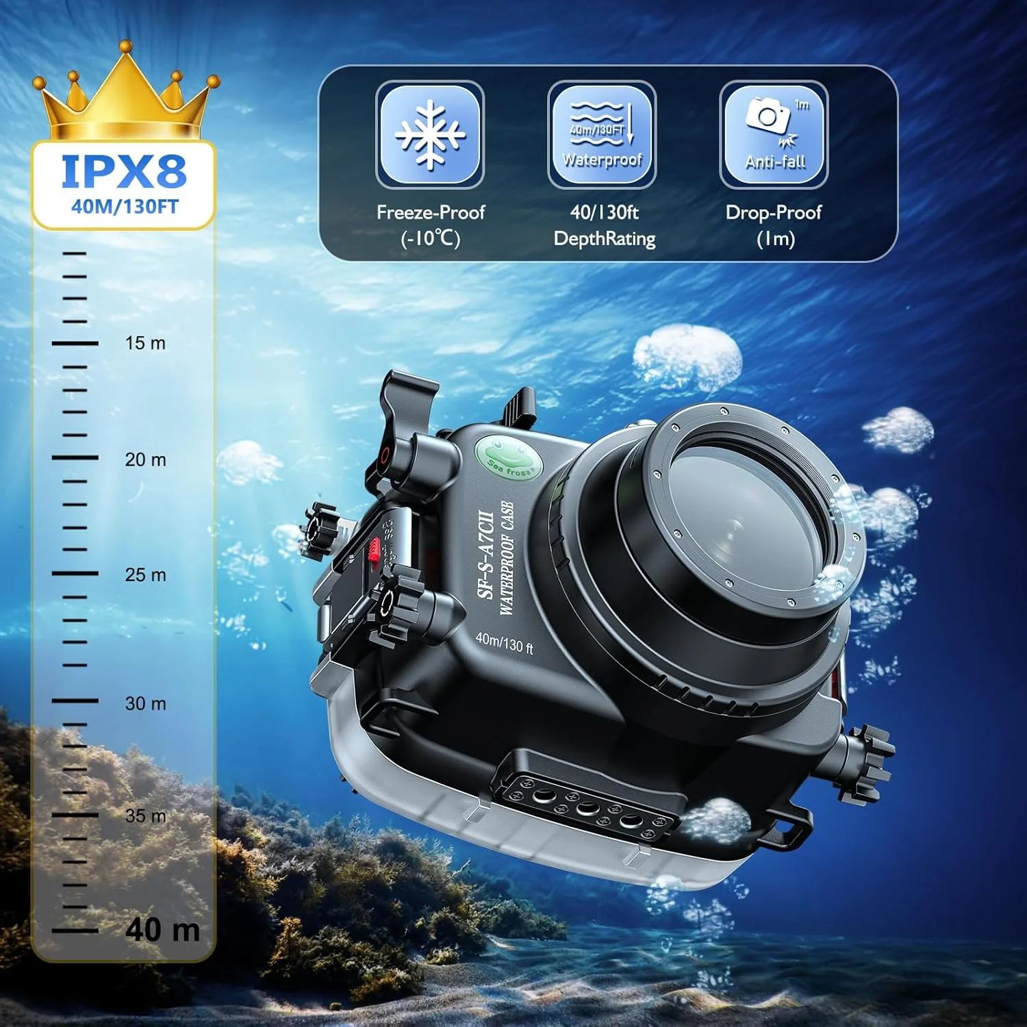 محفظه دوربین زیر آب Sea frogs سازگار با Sony A7C2 28-60mm IPX8 عمق غوطه وری حداکثر 40 متر، محفظه ضد آب دوربین برای غواصی، موج سواری، قایق رانی محفظه دوربین زیر آب Sea frogs سازگار با Sony A7C2 28-60mm IPX8 عمق غوطه وری حداکثر 40 متر، محفظه ضد آب دوربین برای غواصی، موج سواری، قایق رانی