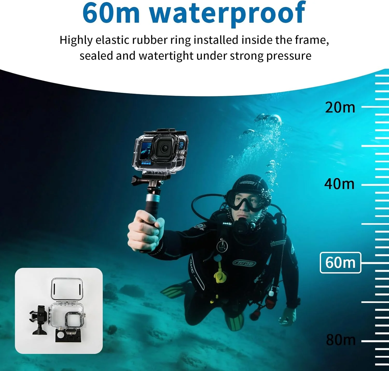 محفظه ضد آب برای GoPro HERO13/12/11/10/9 Black – محفظه زیر آب 60 متری با قفل مغناطیسی، لوازم جانبی محافظ پوسته غواصی زیر آب