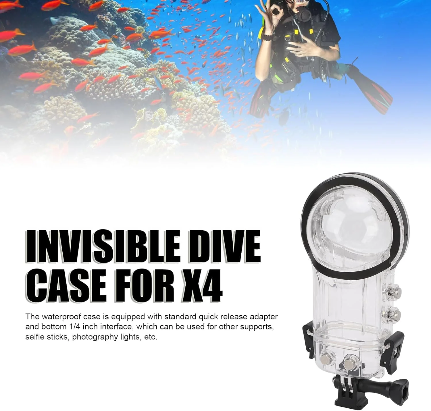 محفظه غواصی نامرئی برای دوربین اکشن X4، محفظه ضد آب 50 متری، محفظه غواصی زیر آب، پوسته با پایه رهاسازی سریع، پوشش محفظه غواصی ضد آب محفظه غواصی نامرئی برای دوربین اکشن X4، محفظه ضد آب 50 متری، محفظه غواصی زیر آب، پوسته با پایه رهاسازی سریع، پوشش محفظه غواصی ضد آب