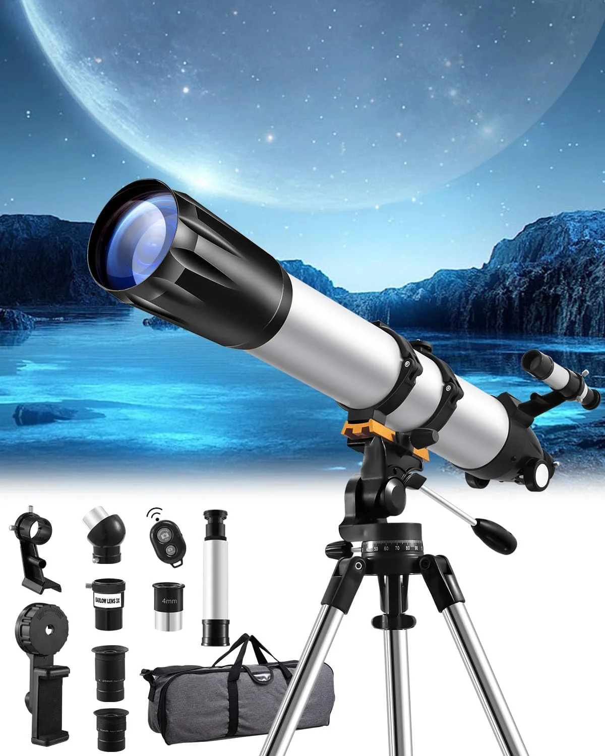 تلسکوپ، تلسکوپ های نجومی برای بزرگسالان - دهانه 90 میلی‌متری 900 میلی‌متری تلسکوپ مسافرتی قابل حمل برای مبتدیان و کودکان، تلسکوپ عدسی با سه پایه، آداپتور تلفن، ریموت کنترل، فیلتر ماه، کوله پشتی