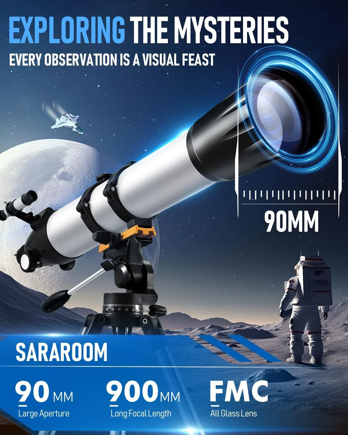 تلسکوپ، تلسکوپ های نجومی برای بزرگسالان - دهانه 90 میلی‌متری 900 میلی‌متری تلسکوپ مسافرتی قابل حمل برای مبتدیان و کودکان، تلسکوپ عدسی با سه پایه، آداپتور تلفن، ریموت کنترل، فیلتر ماه، کوله پشتی