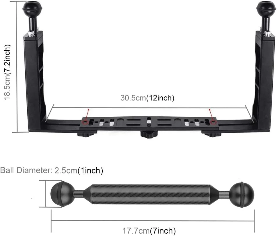 پالوز تثبیت کننده نور ویدئویی زیر آب با دو توپ، آلیاژ آلومینیوم، گیره و 2 بازوی شناور برای محفظه دوربین زیر آب (مشکی)، مشکی