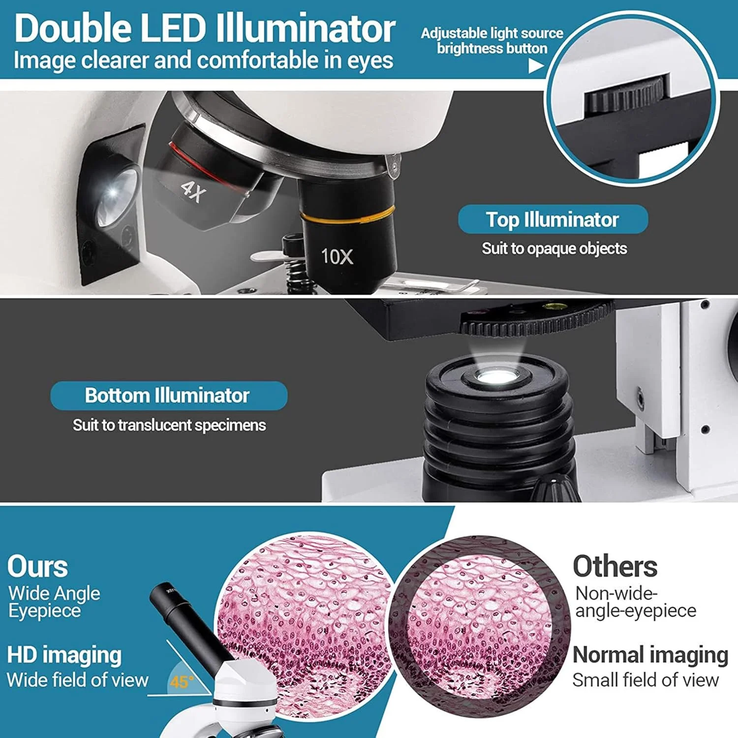 میکروسکوپ بیولوژیکی برای دانش آموزان 1600X میکروسکوپ مرکب LED دوگانه با آداپتور تلفن برای آزمایشگاه علوم مطالعه در خانه