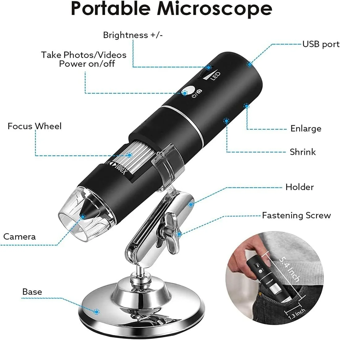 میکروسکوپ دیجیتال بی سیم VRish با بزرگنمایی 50X-1000X و کیفیت 1080P، دوربین میکروسکوپ USB وای فای کوچک قابل حمل با 8 چراغ LED سازگار با i-Phone/i-Pad/Smartphone/Tablet/PC