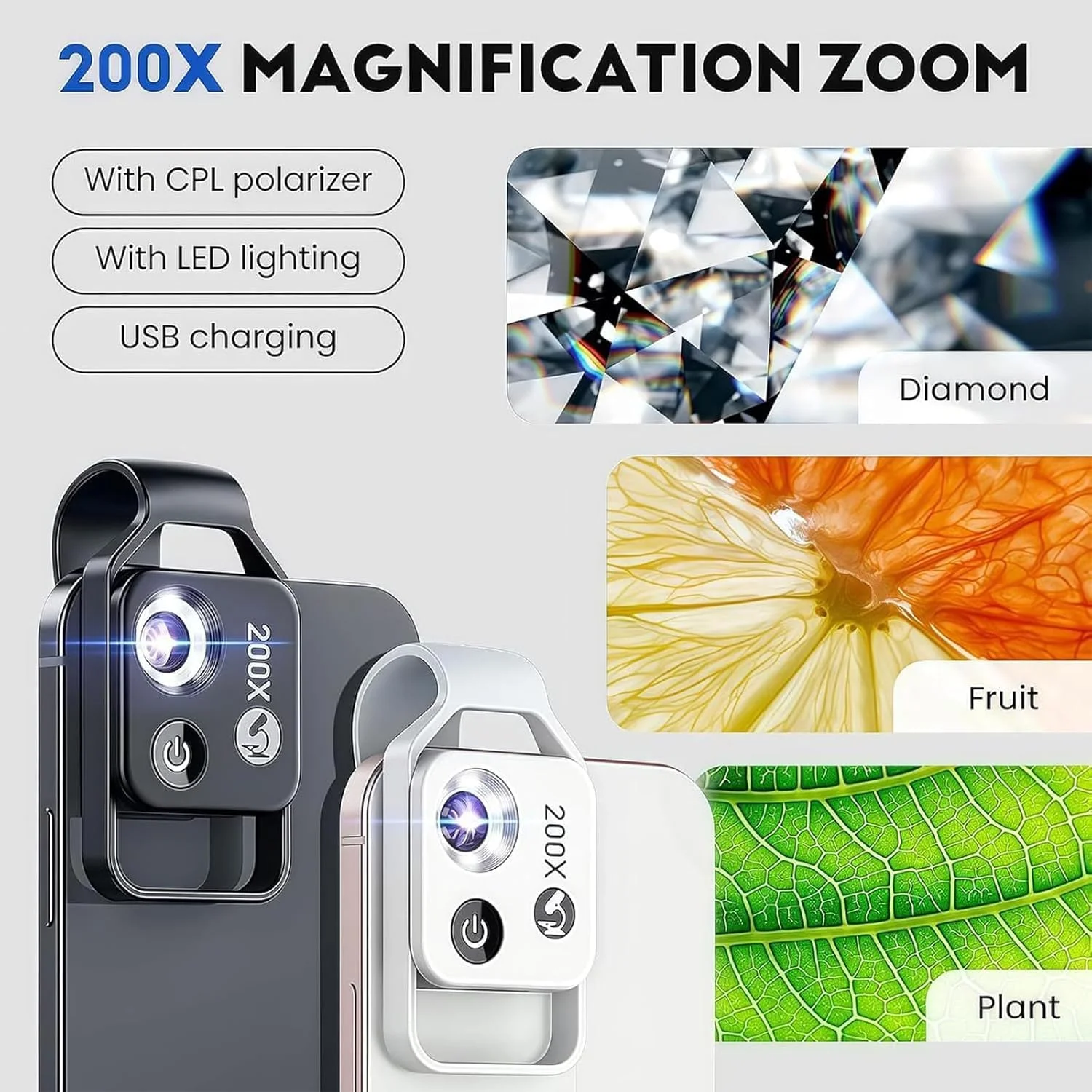 Zoomzip - لنز بزرگنمایی 200X مدل 2025 Zoomzip به همراه فیلتر CPL و نور LED - میکروسکوپ دیجیتال جیبی قابل حمل برای تلفن ها، مشاهده واضح تر و پایدارتر (میکس)