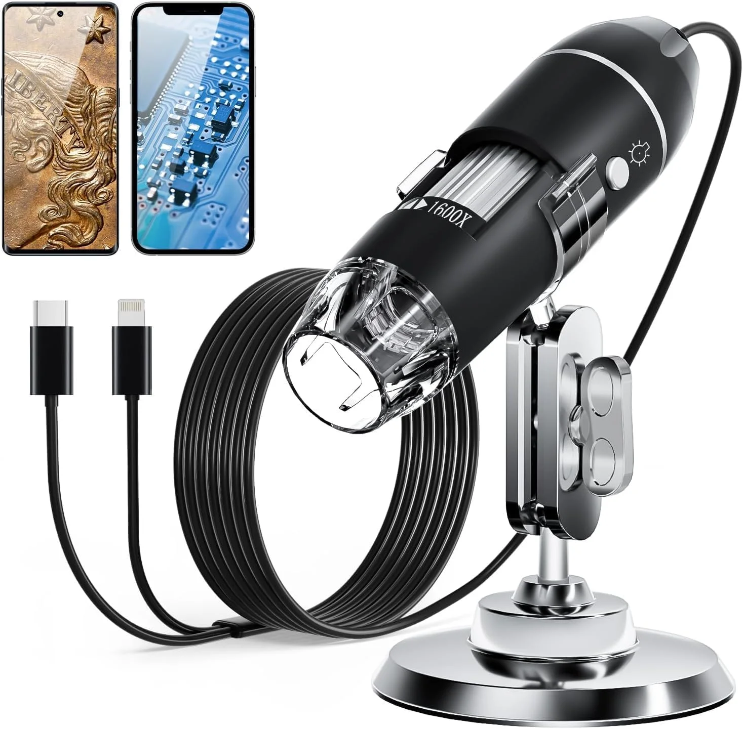 میکروسکوپ دیجیتال USB، بزرگنمایی 50X-1600X، میکروسکوپ دیجیتال دستی سازگار با دستگاه های iOS و Android، پایه قابل تنظیم، 8 چراغ LED، دوربین میکروسکوپ قابل حمل برای بزرگسالان و کودکان