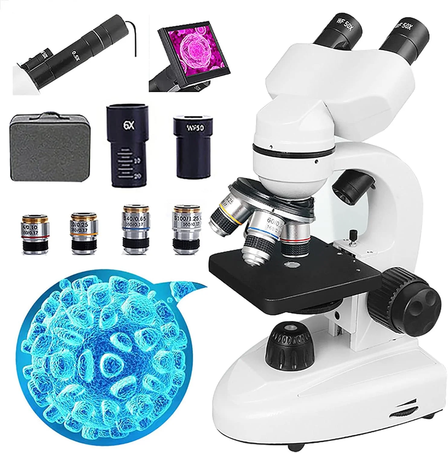 میکروسکوپ ترکیبی دوچشمی حرفه ای دانشجویی، بزرگنمایی 200X-30000X میکروسکوپ های الکترونیکی LED با 4 عدسی شیئی (4X، 6X، 10X، 100X)، 2 چشمی (50X*2) برای مطالعه، آبزی پروری