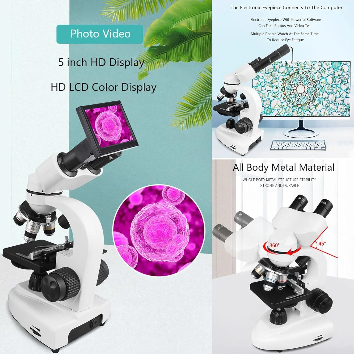 میکروسکوپ ترکیبی دوچشمی حرفه ای دانشجویی، بزرگنمایی 200X-30000X میکروسکوپ های الکترونیکی LED با 4 عدسی شیئی (4X، 6X، 10X، 100X)، 2 چشمی (50X*2) برای مطالعه، آبزی پروری