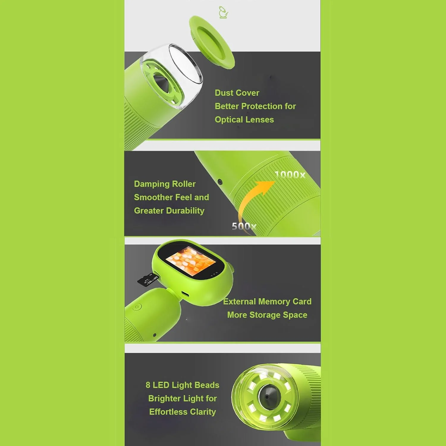 میکروسکوپ Sorandy برای کودکان، صفحه نمایش 2 اینچی IPS با بزرگنمایی 1000X، میکروسکوپ دیجیتال دستی با 8 چراغ LED قابل تنظیم، دوربین جیبی قابل حمل برای کودکان و دانش آموزان 3 تا 12 سال