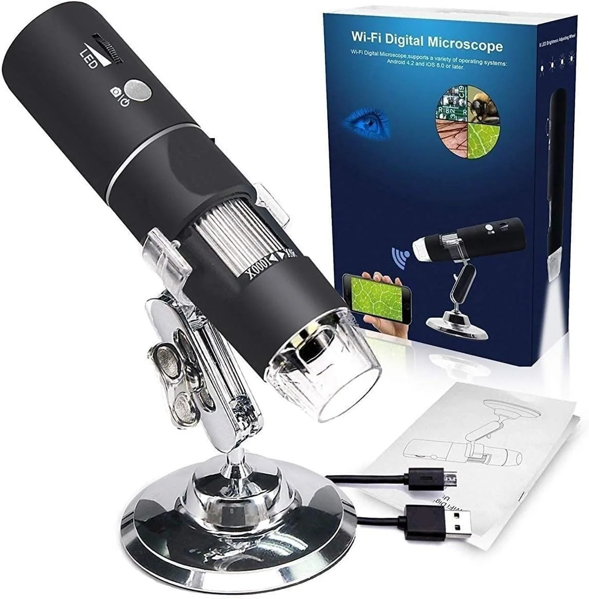 میکروسکوپ دیجیتال بی‌سیم، بزرگنمایی 50X-1000X دوربین بازرسی USB HD دستی، به همراه پایه سازگار با ifone، Android، iPad، Mac، Sams0ng Galaxxy، کامپیوتر ویندوز و غیره.