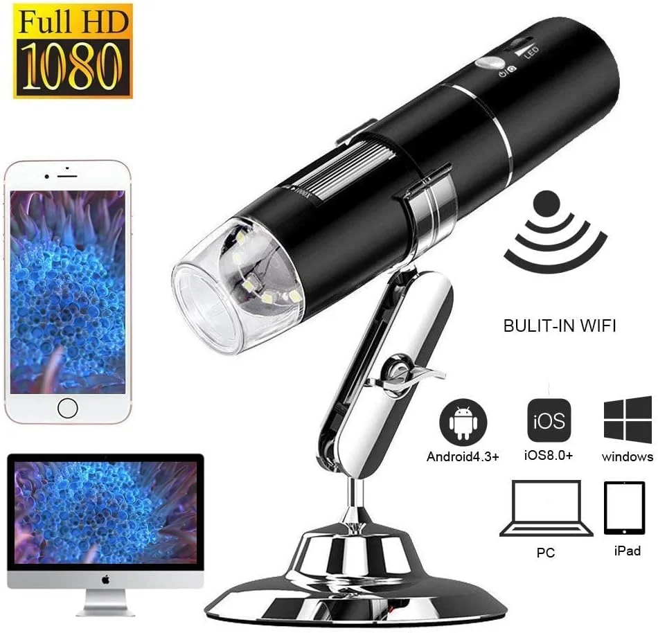 میکروسکوپ دیجیتال بی‌سیم، بزرگنمایی 50X-1000X دوربین بازرسی USB HD دستی، به همراه پایه سازگار با ifone، Android، iPad، Mac، Sams0ng Galaxxy، کامپیوتر ویندوز و غیره.