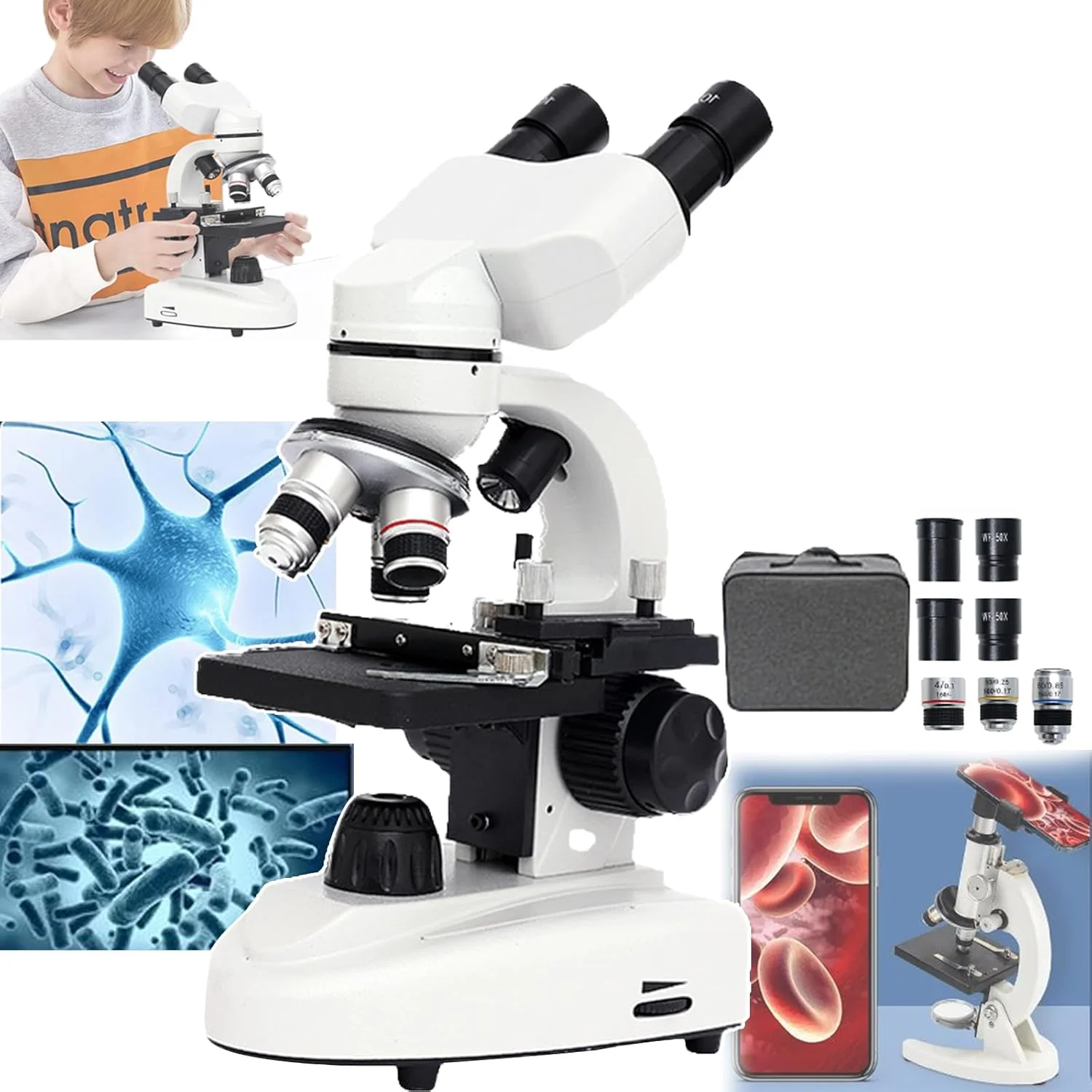 میکروسکوپ نوری (30000X/50000X)، میکروسکوپ بیولوژیکی، زاویه 45 درجه، تنظیم فاصله بین مردمکی با دکمه / 55-77 میلی متر، چرخش 360 درجه، به همراه نگهدارنده + نمونه × 10، مناسب برای آزمایشگاه خانگی/مدرسه، امکان مشاهده کنه ها، 3 وات