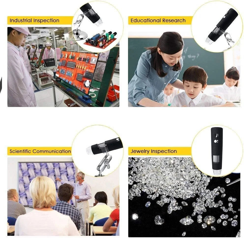 میکروسکوپ دیجیتال بی‌سیم، بزرگنمایی 50X-1000X دوربین بازرسی USB HD دستی، به همراه پایه سازگار با ifone، Android، iPad، Mac، Sams0ng Galaxxy، کامپیوتر ویندوز و غیره.