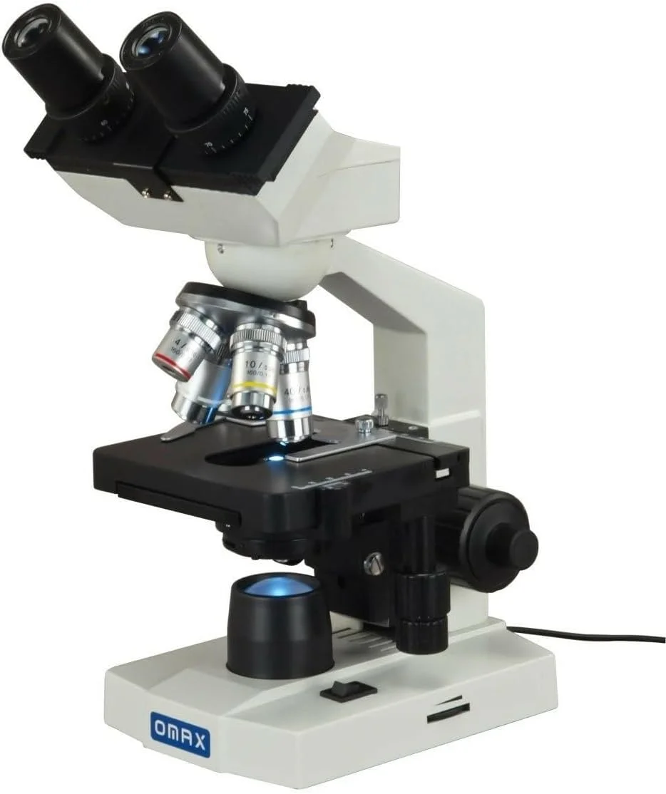 میکروسکوپ بیولوژیکی دوچشمی آزمایشگاهی LED OMAX با استیج مکانیکی سه بعدی و دکمه فوکوس هم محور درشت/ریز 40X-2500X