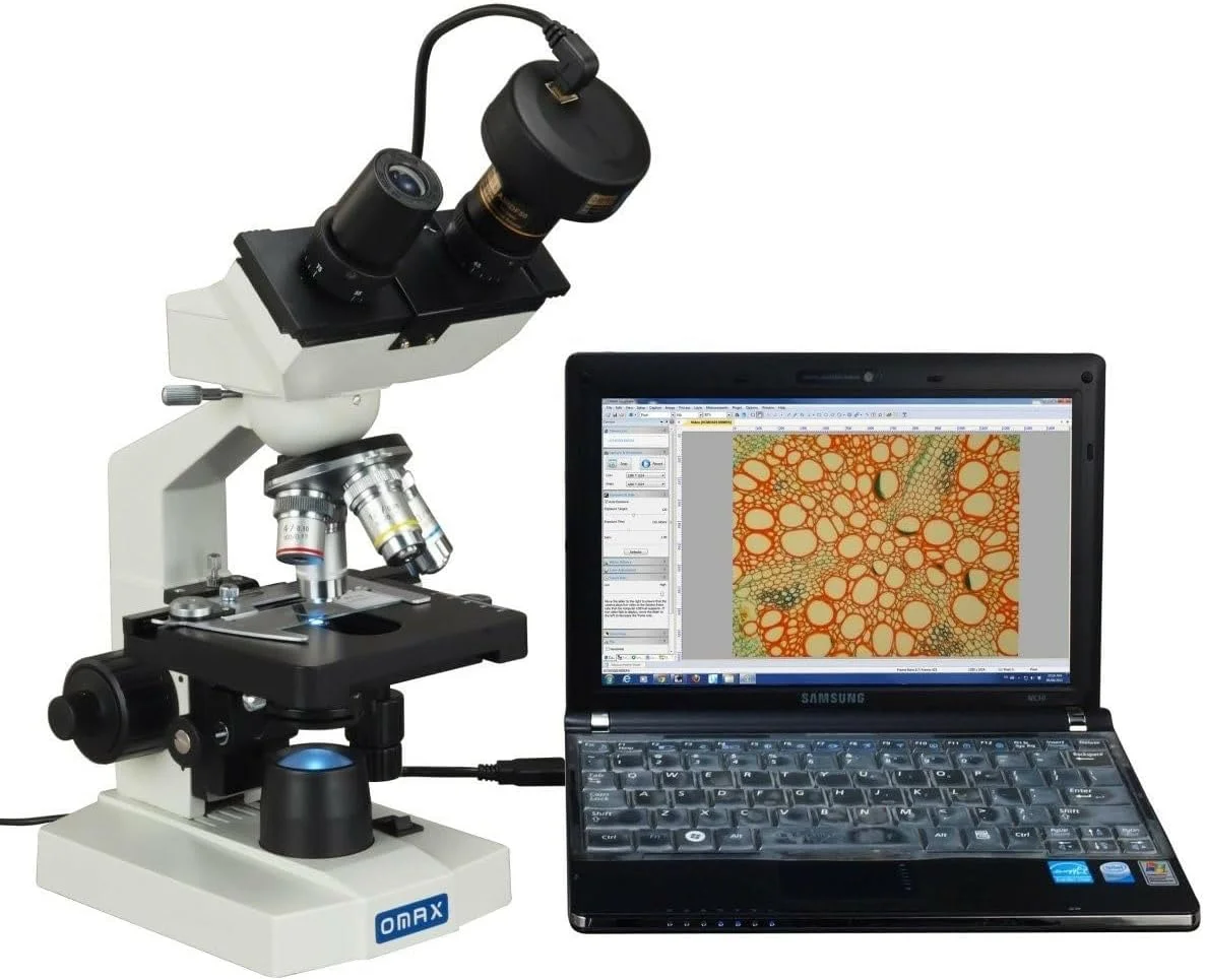 میکروسکوپ بیولوژیکی دوچشمی آزمایشگاهی LED OMAX با استیج مکانیکی سه بعدی و دکمه فوکوس هم محور درشت/ریز 40X-2500X