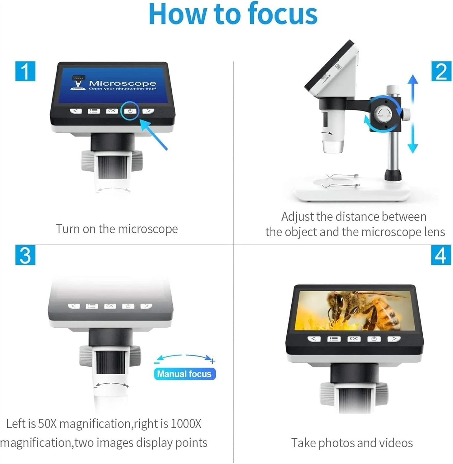 میکروسکوپ دیجیتال LCD با صفحه نمایش 4.3 اینچی، بزرگنمایی 50X-1000X، کیفیت HD 1080P، 2.0 مگاپیکسل، میکروسکوپ USB با 8 LED و دوربین فیلمبرداری
