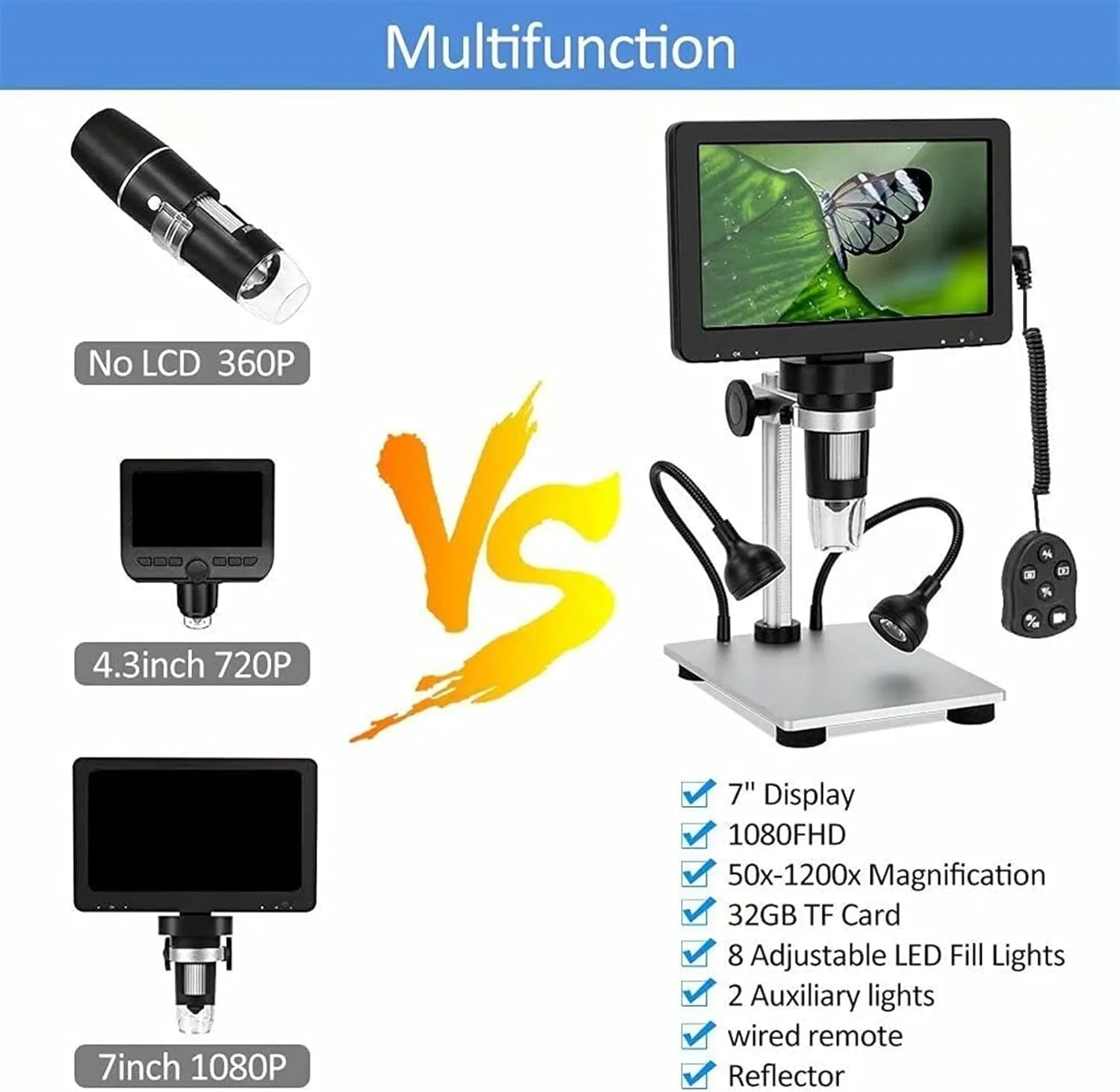 میکروسکوپ دیجیتال LCD 7 اینچی با بزرگنمایی 50-1200X و دوربین میکروسکوپ ویدیویی USB 1080P با ریموت سیمی برای برد مدار PCB