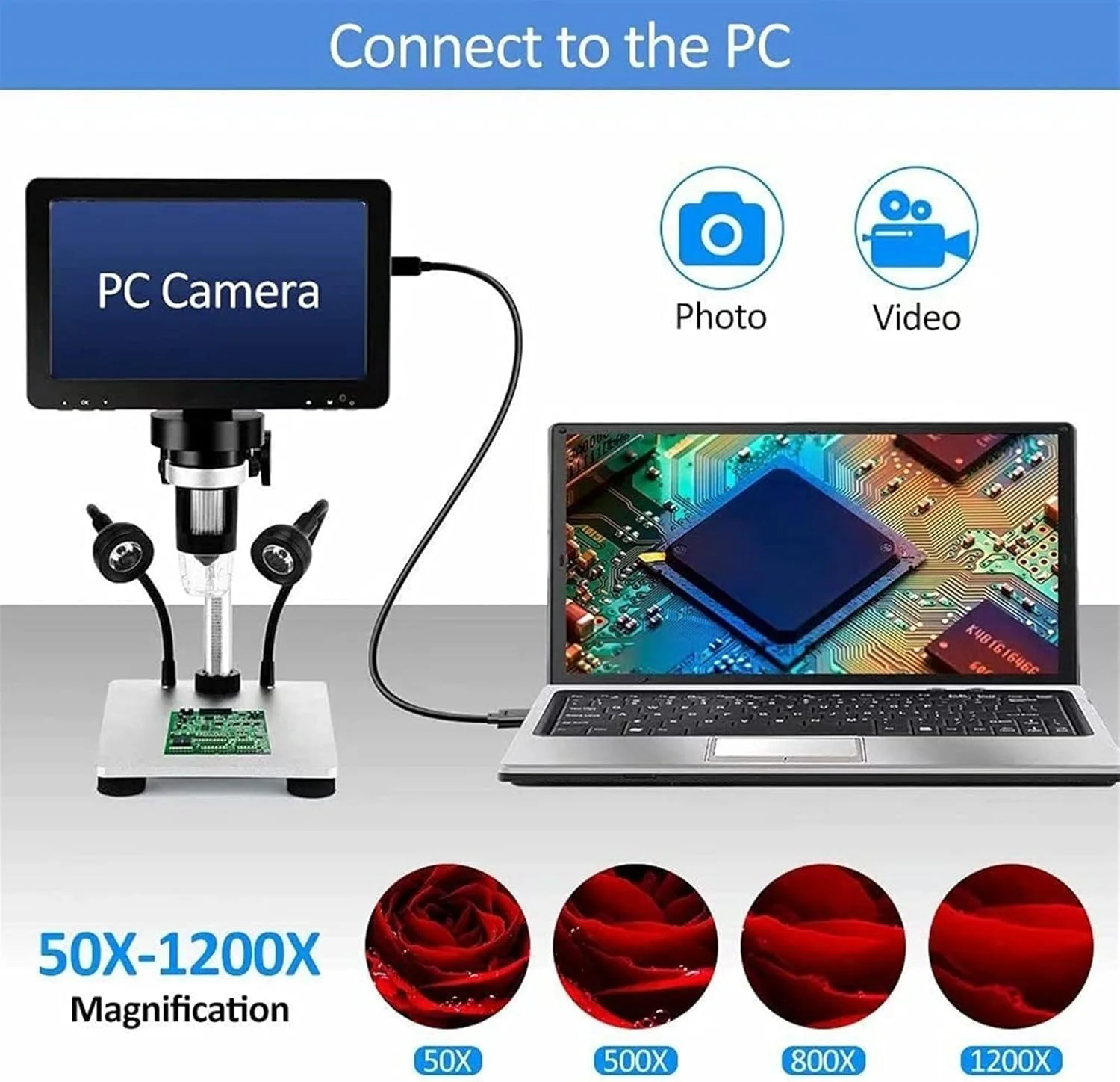 میکروسکوپ دیجیتال LCD 7 اینچی با بزرگنمایی 50-1200X و دوربین میکروسکوپ ویدیویی USB 1080P با ریموت سیمی برای برد مدار PCB