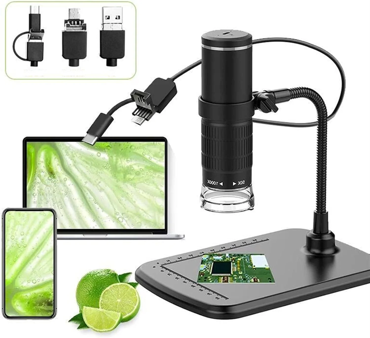 میکروسکوپ دیجیتال USB 3 در 1 با بزرگنمایی 1000X، دوربین میکروسکوپ الکترونیکی Type-C با 8 LED و بزرگنمایی قابل تنظیم به همراه پایه