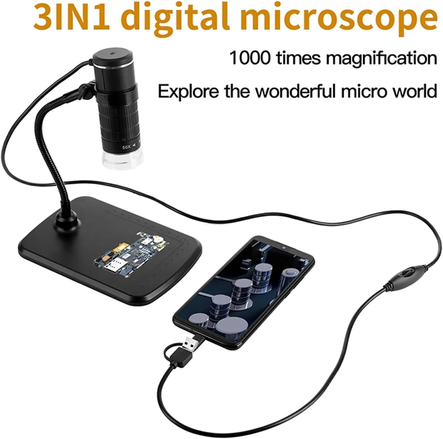 میکروسکوپ دیجیتال USB 3 در 1 با بزرگنمایی 1000X، دوربین میکروسکوپ الکترونیکی Type-C با 8 LED و بزرگنمایی قابل تنظیم به همراه پایه