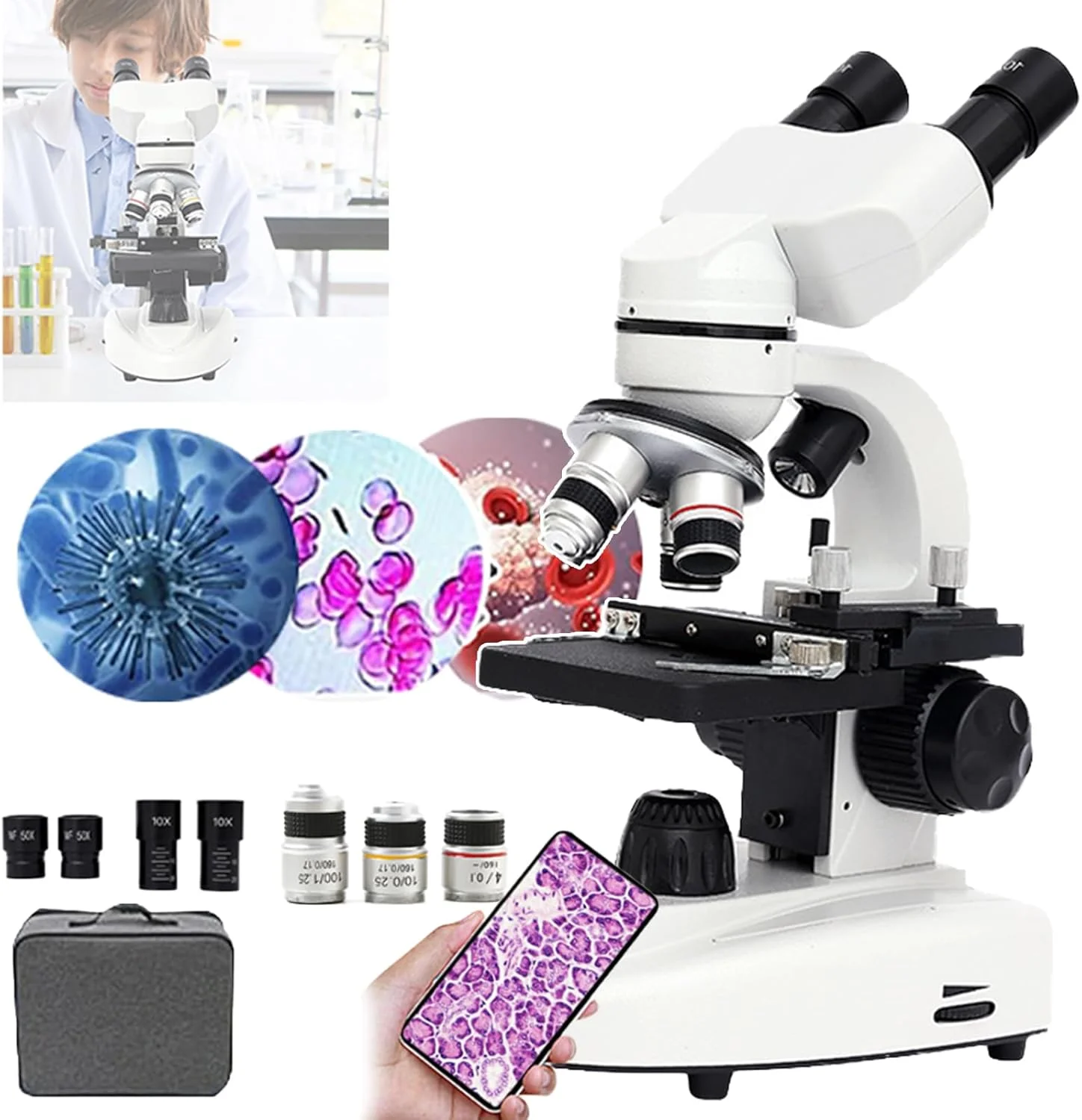 میکروسکوپ، میکروسکوپ دوچشمی مرکب، زاویه دید دوگانه عریض، زاویه دید قابل تنظیم 45 درجه + چرخش 360 درجه، قابلیت اتصال به تلفن، با چشمی/عدسی شیئی، برای آزمایشگاه، مشاهده سلول های قابل رویت، 30000X