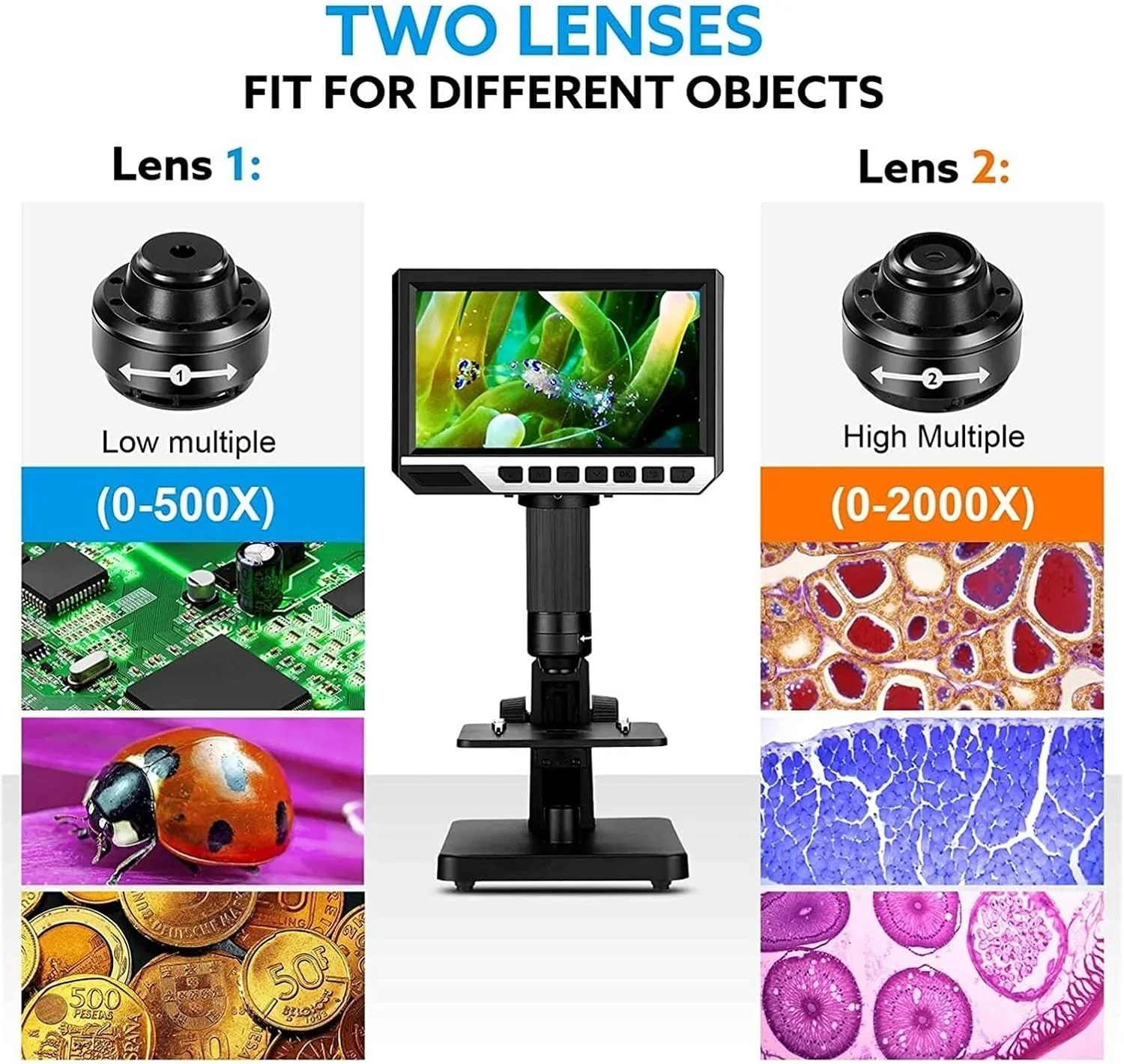 میکروسکوپ دیجیتال LCD 7 اینچی با لنز دوگانه 2000X، بزرگنمایی اپتیکال، میکروسکوپ سلولی 12 مگاپیکسلی برای مشاهدات علمی