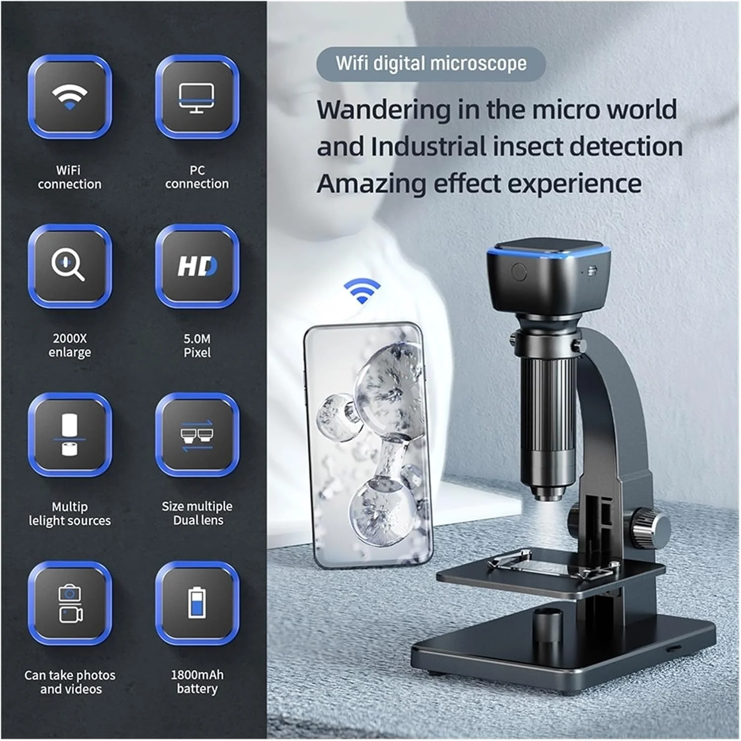 میکروسکوپ حرفه ای 2000X 5MP HD دیجیتال USB برای لحیم کاری الکترونیک با لنز دوگانه