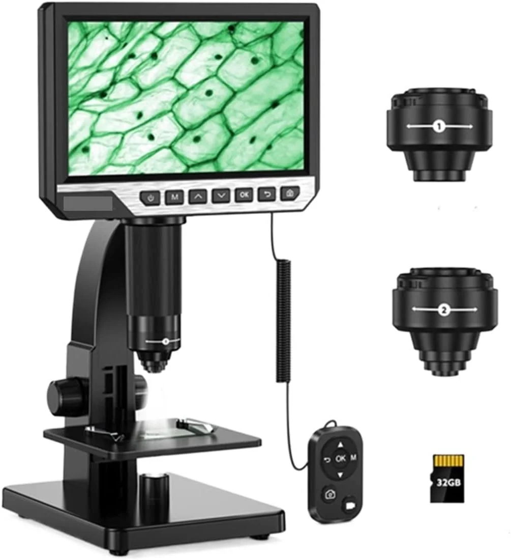 میکروسکوپ دیجیتال 2000X با صفحه نمایش 7 اینچی IPS، دوربین 12 مگاپیکسلی 1080P آزمایشگاهی بیولوژیکی با لنز دوگانه و کنترل از راه دور (32 گیگابایت RC)