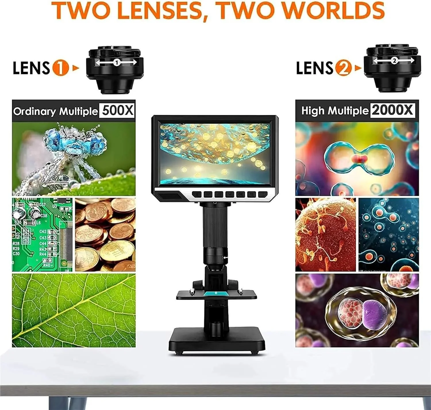 میکروسکوپ بیولوژیکی دو لنز 2000X با صفحه نمایش 7 اینچی IPS HD1080P دیجیتال برای مطالعه لحیم کاری با کنترل از راه دور میکروسکوپ بیولوژیکی دو لنز 2000X با صفحه نمایش 7 اینچی IPS HD1080P دیجیتال برای مطالعه لحیم کاری با کنترل از راه دور