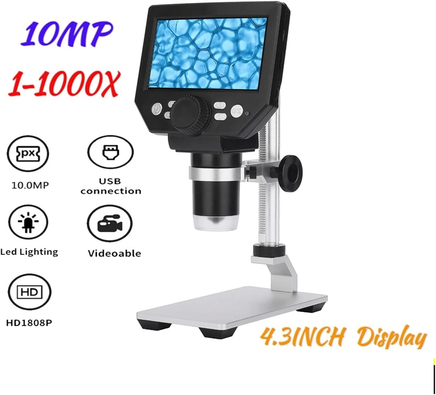 میکروسکوپ دیجیتال الکترونی با صفحه نمایش ال سی دی 4.3 اینچی و بزرگنمایی مداوم 1 تا 1000 برابر (پایه فلزی)