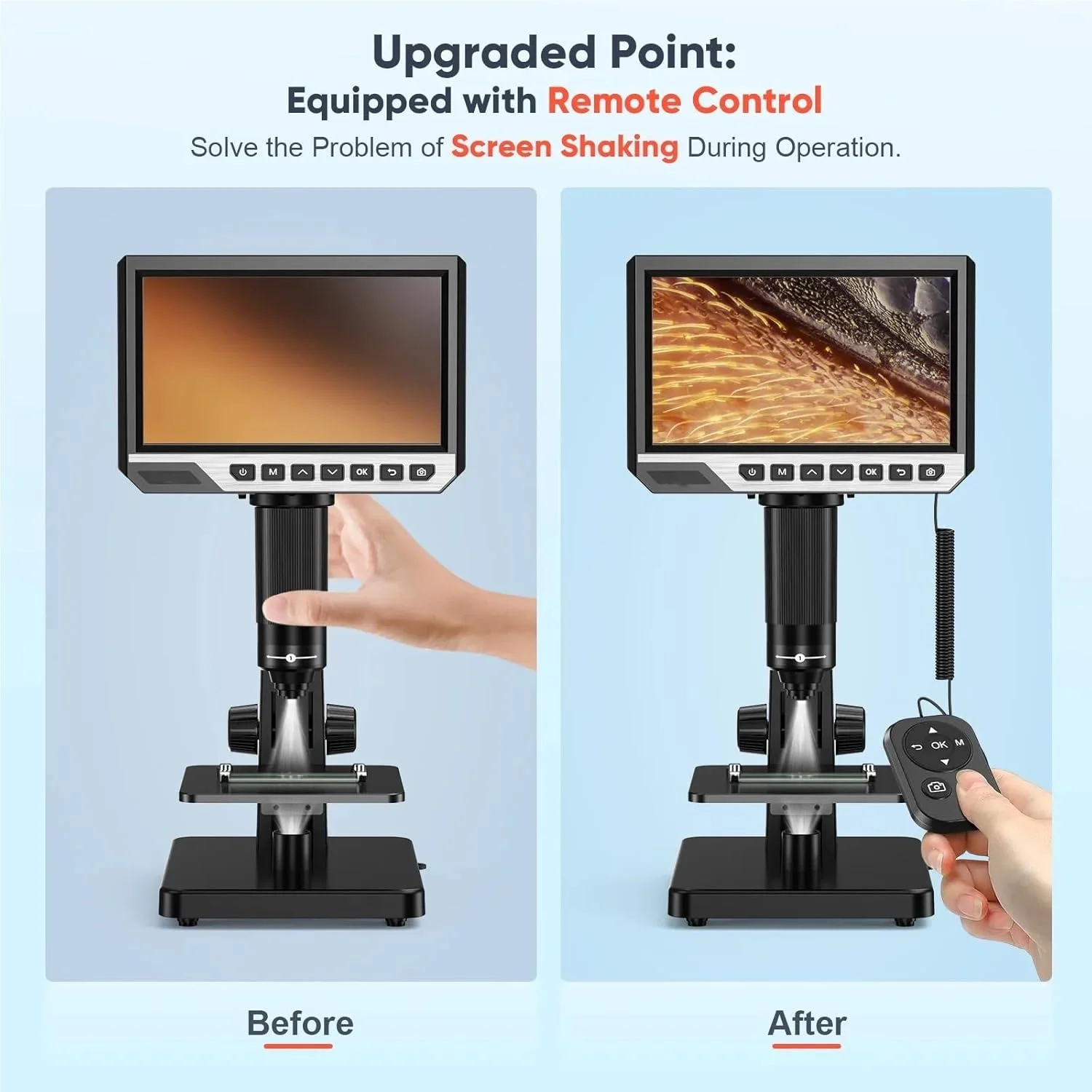 میکروسکوپ بیولوژیکی دو لنز 2000X با صفحه نمایش 7 اینچی IPS HD1080P دیجیتال برای مطالعه لحیم کاری با کنترل از راه دور میکروسکوپ بیولوژیکی دو لنز 2000X با صفحه نمایش 7 اینچی IPS HD1080P دیجیتال برای مطالعه لحیم کاری با کنترل از راه دور