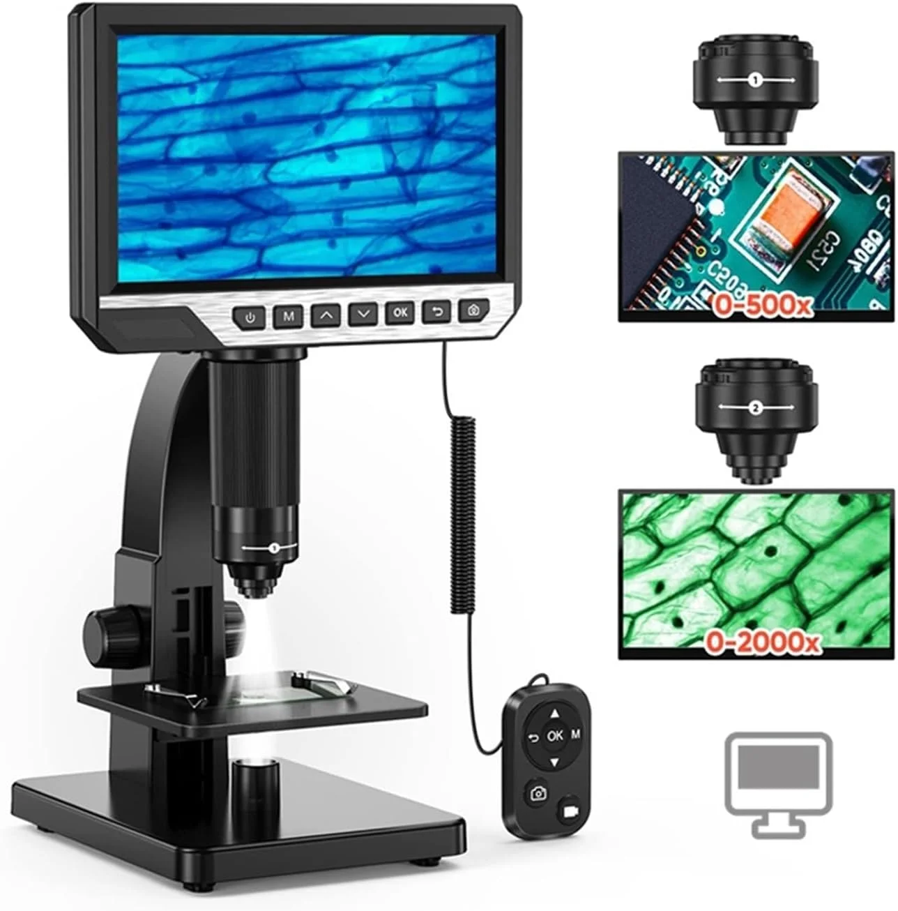 میکروسکوپ دیجیتال 2000X با صفحه نمایش 7 اینچی IPS، دوربین 12 مگاپیکسلی 1080P، لنز دوگانه آزمایشگاهی و کنترل از راه دور
