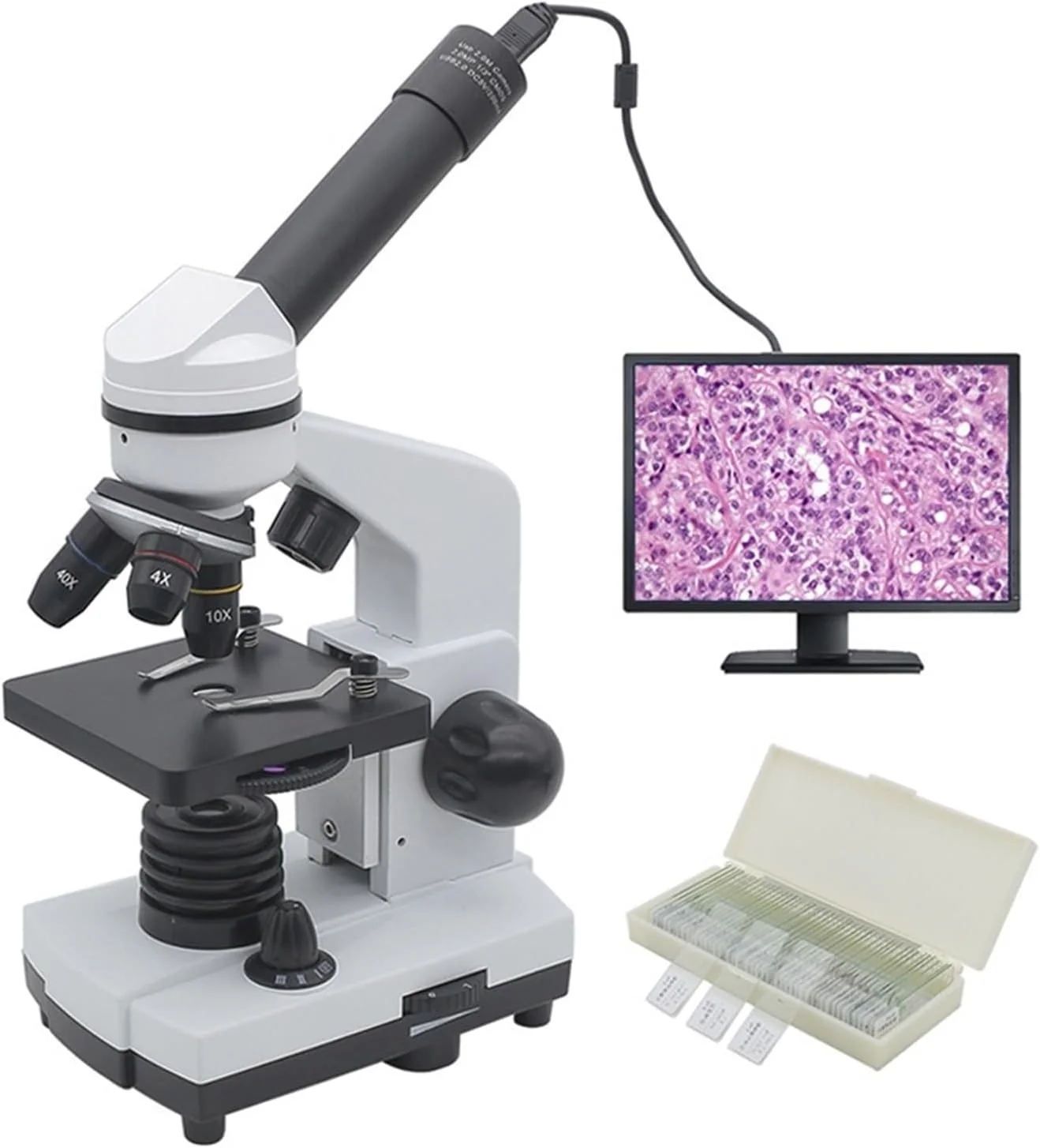 میکروسکوپ دانش‌آموزی بیولوژیکی 1600X با چشمی الکترونیکی USB 2 مگاپیکسلی و 50 اسلاید به همراه لامپ LED و میکروسکوپ تک چشمی